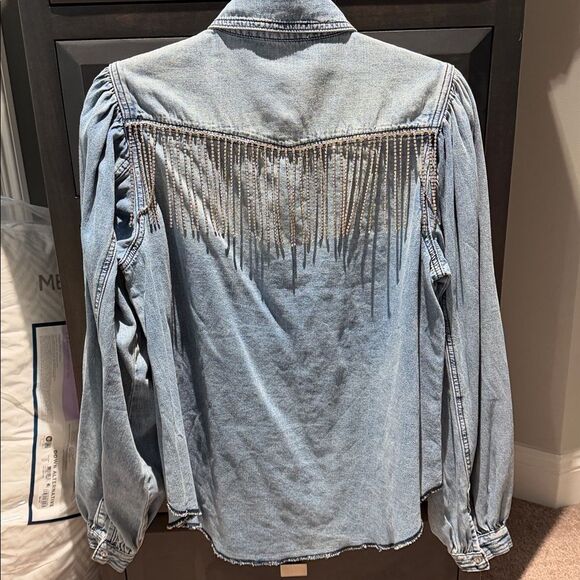 First Love Tops - First Love shacket / shirt with Rhinestone FRINGE on back ! Like new size small